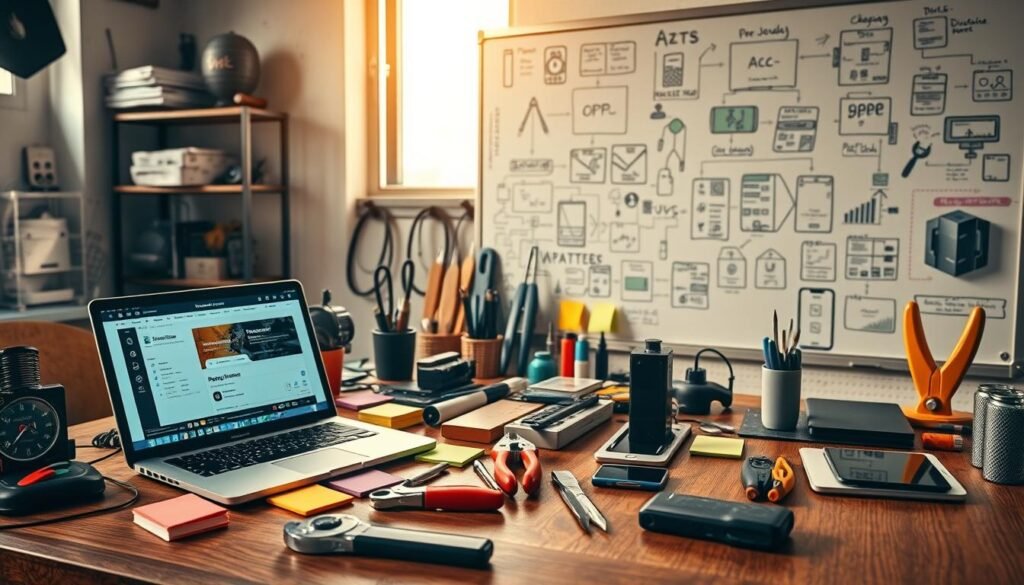 A well-organized workspace showcasing an array of no-code tools and platforms. In the foreground, a wooden desk is neatly arranged with a laptop displaying a no-code development platform interface, colorful sticky notes, and sleek modern gadgets like tablets and smartphones. The middle layer features physical tools like a versatile wrench, screwdriver, and pliers, symbolizing the essence of hands-on creativity in no-code development. In the background, a whiteboard is filled with flowcharts and diagrams illustrating project management and app design processes. Warm, natural light filters through a window, casting soft shadows and creating an inviting atmosphere. The mood is professional yet creative, aimed at inspiring new ideas and approaches in the no-code space.