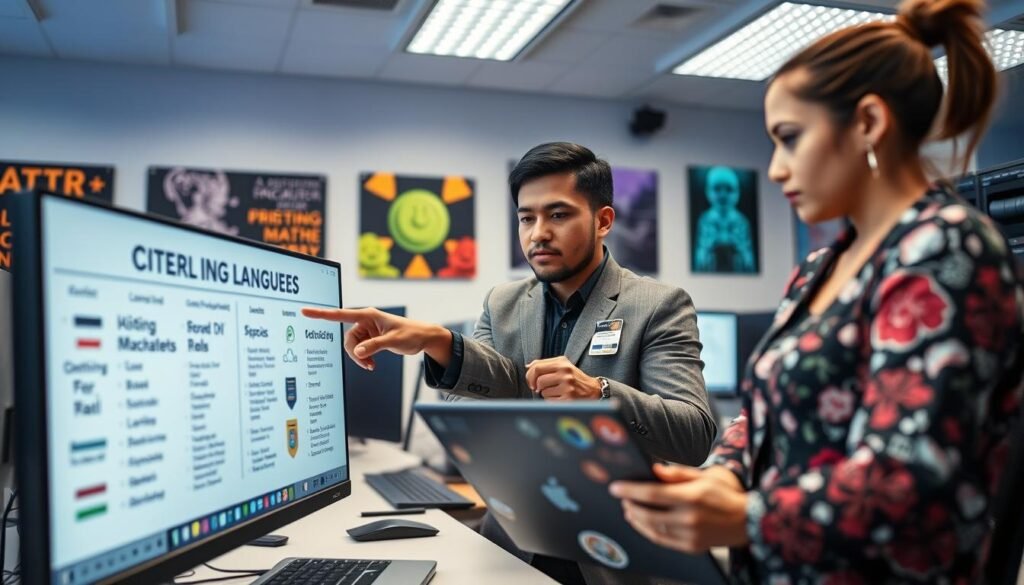 In a modern cybersecurity office setting, a diverse group of three professionals is engaged in a collaborative discussion. In the foreground, a Black female cybersecurity analyst, wearing a smart business outfit, points at a digital screen displaying various programming languages and their uses for different cybersecurity roles. In the middle, a Hispanic male programmer types on a laptop covered with programming stickers, while an Asian female network engineer adjusts a network device. The background features sleek computers, vibrant cybersecurity posters on the walls, and dim ambient lighting from overhead LED panels, creating a focused atmosphere. Capture the seriousness of their discussion with a cinematic angle, showcasing their enthusiasm for role-based programming languages while emphasizing teamwork and innovation in the cybersecurity field.