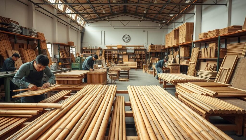 A detailed overview of the bamboo furniture production process. In the foreground, showcase skilled artisans carefully crafting bamboo pieces, wearing professional work attire, focused on their tasks. The middle ground emphasizes the various stages of production, including cutting, treating, and assembling bamboo, with tools and machinery neatly arranged. In the background, a well-organized workshop with shelves filled with finished furniture pieces captures the essence of craftsmanship. Soft, natural lighting enhances the texture of the bamboo, casting gentle shadows that add depth. The atmosphere is one of dedication and sustainability, highlighting the beauty and functionality of bamboo as a material. A wide-angle perspective captures the comprehensive view of the workspace, fostering a mood of creativity and industriousness. A detailed overview of the bamboo furniture production process. In the foreground, showcase skilled artisans carefully crafting bamboo pieces, wearing professional work attire, focused on their tasks. The middle ground emphasizes the various stages of production, including cutting, treating, and assembling bamboo, with tools and machinery neatly arranged. In the background, a well-organized workshop with shelves filled with finished furniture pieces captures the essence of craftsmanship. Soft, natural lighting enhances the texture of the bamboo, casting gentle shadows that add depth. The atmosphere is one of dedication and sustainability, highlighting the beauty and functionality of bamboo as a material. A wide-angle perspective captures the comprehensive view of the workspace, fostering a mood of creativity and industriousness.