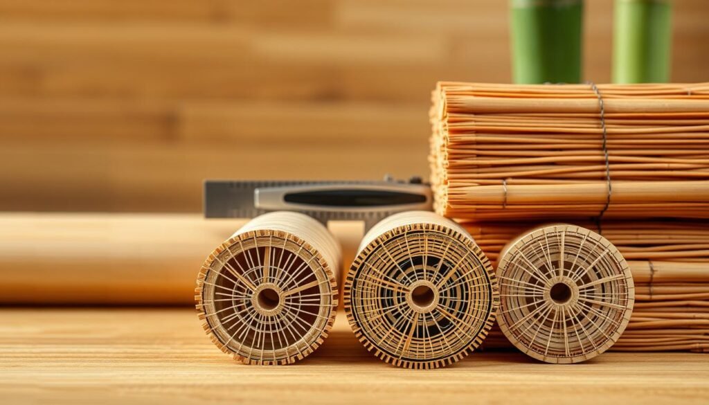 A detailed, technical illustration of strand woven bamboo, showcasing the intricate layers and patterns of the material. In the foreground, display cross-sections of the bamboo, clearly highlighting its engineered structure, fiber orientation, and density. In the middle ground, include a ruler or caliper to provide scale, emphasizing precision measurements. The background should feature a subtle gradient to keep focus on the bamboo, with soft, natural lighting to create an inviting atmosphere. The lens should capture close-up details, showcasing the texture and colors of the bamboo, while maintaining a professional and clean aesthetic. Aim for a mood of innovation and quality, reflecting technical excellence and quality assurance in engineered bamboo materials. A detailed, technical illustration of strand woven bamboo, showcasing the intricate layers and patterns of the material. In the foreground, display cross-sections of the bamboo, clearly highlighting its engineered structure, fiber orientation, and density. In the middle ground, include a ruler or caliper to provide scale, emphasizing precision measurements. The background should feature a subtle gradient to keep focus on the bamboo, with soft, natural lighting to create an inviting atmosphere. The lens should capture close-up details, showcasing the texture and colors of the bamboo, while maintaining a professional and clean aesthetic. Aim for a mood of innovation and quality, reflecting technical excellence and quality assurance in engineered bamboo materials.