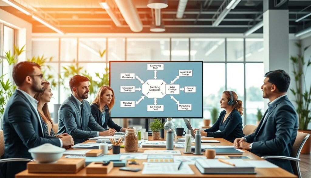 A dynamic sales marketing channel strategy illustrated through a professional business setting. In the foreground, a diverse group of professionals in business attire is engaged in a discussion around a table scattered with bamboo products, charts, and marketing materials. In the middle, a large digital screen displays an organized flowchart of marketing strategies, with arrows connecting different channels like e-commerce, wholesale, and retail. The background features a bright, modern office space with bamboo plants and eco-friendly decor, creating a sustainable atmosphere. Soft, warm lighting enhances the focus on collaboration and innovation, while a slight depth of field effect draws attention to the engaged professionals and their strategies. The overall mood is productive and forward-thinking, reflecting a commitment to maximizing sales and marketing capacity with bamboo solutions.