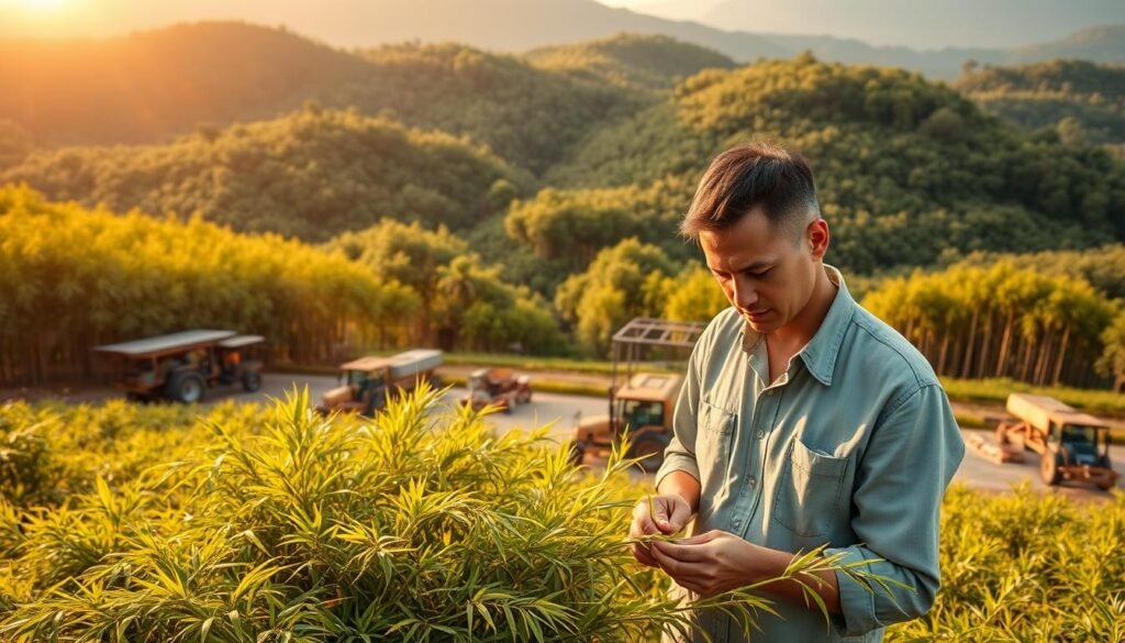 A lush bamboo farm sprawling under the golden rays of the sunrise, illustrating comprehensive bamboo farming services. In the foreground, a professional wearing modest casual clothing inspects healthy, vibrant bamboo stalks, demonstrating care and expertise. The middle layer features various bamboo harvesting equipment, neatly arranged and ready for operation, showcasing the capabilities of commercial bamboo farming. In the background, a scenic view of rolling hills covered in dense bamboo groves captures the tranquil beauty of the landscape. Soft, natural lighting enhances the serene and productive atmosphere, evoking a sense of growth and sustainability, while a wide-angle perspective offers a panoramic view of the thriving bamboo farm.