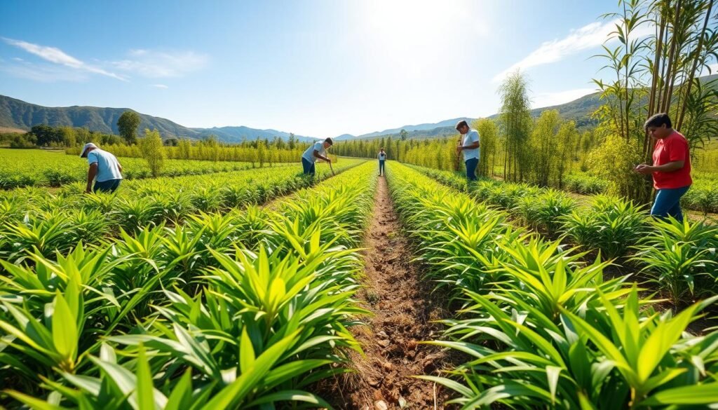 A lush bamboo grove showcasing sustainable cultivation techniques, with rows of healthy, green bamboo plants in the foreground. Diverse agronomists in professional attire are actively engaged in planting, pruning, and measuring bamboo, illustrating hands-on practices in sustainable farming. The middle ground features a biodiverse ecosystem with native plants and pollinators, emphasizing the harmony of cultivation methods. In the background, gentle hills and a clear blue sky with soft sunlight creating a warm, inviting atmosphere. The scene is captured from a low angle, focusing on the vibrant greenery and the diligent work of the agronomists, conveying a sense of hope and responsibility towards sustainable agriculture. The overall mood is optimistic and productive, highlighting innovation in bamboo biofuel cultivation methods.