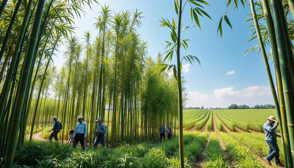 A lush, expansive bamboo farm in the foreground, with tall, green bamboo stalks swaying gently in the breeze. Some farmers, dressed in professional work attire and carrying tools, are engaged in the harvesting process, showcasing teamwork and a sense of industry. In the middle ground, neatly organized rows of bamboo create a structured, thriving environment, hinting at the potential for wholesale supply. The background features a clear blue sky with soft, diffused sunlight illuminating the scene, casting gentle shadows that add depth. The mood is productive and optimistic, reflecting the vitality of commercial bamboo farming and its importance in the furniture production industry. Use a wide-angle lens to capture the scale and beauty of the landscape. A lush, expansive bamboo farm in the foreground, with tall, green bamboo stalks swaying gently in the breeze. Some farmers, dressed in professional work attire and carrying tools, are engaged in the harvesting process, showcasing teamwork and a sense of industry. In the middle ground, neatly organized rows of bamboo create a structured, thriving environment, hinting at the potential for wholesale supply. The background features a clear blue sky with soft, diffused sunlight illuminating the scene, casting gentle shadows that add depth. The mood is productive and optimistic, reflecting the vitality of commercial bamboo farming and its importance in the furniture production industry. Use a wide-angle lens to capture the scale and beauty of the landscape.