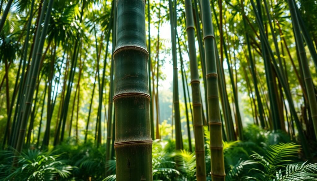 A majestic Dendrocalamus asper, the Robust Giant bamboo, stands tall in the foreground, showcasing its thick, green culms that reach impressive heights. The texture of the bamboo is richly detailed, highlighting the unique nodes and internodes, with some culms bending gracefully under their own weight. In the middle ground, a lush green landscape surrounds the bamboo, with smaller bamboo shoots and ferns adding depth to the scene. The background features a soft focus of a tropical forest, dappled with sunlight filtering through the canopy, creating a warm and inviting atmosphere. The image is captured from a low angle, emphasizing the towering stature of the bamboo, with sunlight casting gentle shadows. The overall mood is serene and natural, perfect for illustrating the grandeur and industrial potential of Dendrocalamus asper.