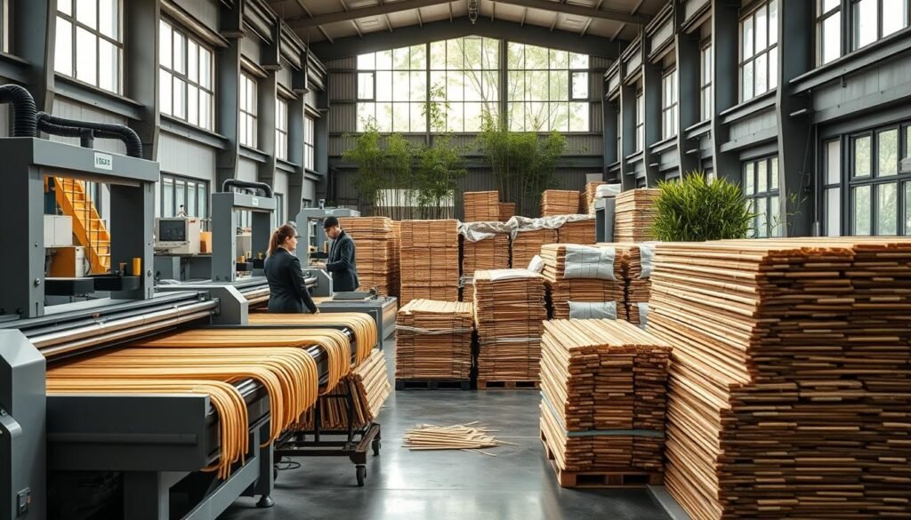 A modern bamboo processing facility, showcasing advanced technology in the foreground with sleek machinery slicing and shaping bamboo strips. Workers in professional business attire are skillfully operating the equipment, collaborating on the production line. In the middle ground, neatly organized stacks of processed bamboo ready for export stand beside eco-friendly packaging materials. The background features large windows allowing natural light to flood the space, highlighting the bright green hues of bamboo against the industrial setting. The atmosphere is one of innovation and sustainability, emphasizing bamboo's role as a viable alternative to traditional timber in construction and design. Capture this scene from a slightly elevated angle to enhance depth, with a focus on clarity and detail in the textures of the bamboo and machinery. A modern bamboo processing facility, showcasing advanced technology in the foreground with sleek machinery slicing and shaping bamboo strips. Workers in professional business attire are skillfully operating the equipment, collaborating on the production line. In the middle ground, neatly organized stacks of processed bamboo ready for export stand beside eco-friendly packaging materials. The background features large windows allowing natural light to flood the space, highlighting the bright green hues of bamboo against the industrial setting. The atmosphere is one of innovation and sustainability, emphasizing bamboo's role as a viable alternative to traditional timber in construction and design. Capture this scene from a slightly elevated angle to enhance depth, with a focus on clarity and detail in the textures of the bamboo and machinery.