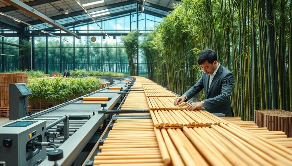 A modern bamboo processing facility, showcasing advanced technology integration. In the foreground, a worker in professional business attire operates a high-tech bamboo cutting machine, carefully aligning stalks for processing. The middle ground features an array of automated conveyor belts transporting bamboo, while digital displays showcase real-time processing data. In the background, lush bamboo groves thrive under soft, natural lighting filtering through large windows, emphasizing sustainable practices. The atmosphere is dynamic and productive, with a sense of innovation and eco-friendliness. The image captures a harmonious blend of traditional bamboo farming and modern technological advancements, highlighting the potential for efficiency and sustainability in bamboo processing.