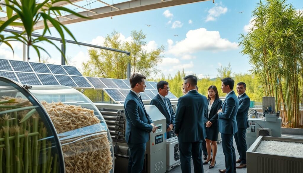A modern bamboo pulp production facility showcasing innovative techniques. In the foreground, a diverse team of professionals in business attire collaborates over advanced machinery, discussing bamboo processing. The middle ground features sleek, automated equipment efficiently transforming bamboo into pulp, displaying a combination of natural green bamboo and processed fibers. The background reveals a sustainable, eco-friendly environment with solar panels and lush bamboo forests under a bright blue sky, reflecting a focus on environmental sustainability. Soft, natural lighting enhances the scene, illuminating the machinery and the team, creating a productive yet harmonious atmosphere. The image captures the essence of cutting-edge bamboo pulp production technologies while emphasizing ecological responsibility. A modern bamboo pulp production facility showcasing innovative techniques. In the foreground, a diverse team of professionals in business attire collaborates over advanced machinery, discussing bamboo processing. The middle ground features sleek, automated equipment efficiently transforming bamboo into pulp, displaying a combination of natural green bamboo and processed fibers. The background reveals a sustainable, eco-friendly environment with solar panels and lush bamboo forests under a bright blue sky, reflecting a focus on environmental sustainability. Soft, natural lighting enhances the scene, illuminating the machinery and the team, creating a productive yet harmonious atmosphere. The image captures the essence of cutting-edge bamboo pulp production technologies while emphasizing ecological responsibility.