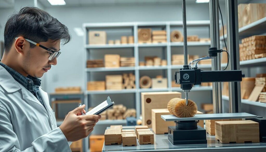 A modern quality assurance laboratory focused on durability testing of bamboo products. In the foreground, a skilled technician in professional attire examines a bamboo packaging prototype, holding a caliper and jotting notes. The middle ground features various bamboo items, showcasing their textures and structural designs, with a testing machine applying pressure on one product to assess strength. The background includes shelves filled with bamboo samples and equipment, illuminated by bright, diffused lighting to emphasize the clean, scientific environment. Capture the mood of innovation and meticulousness in a balanced, compositionally appealing angle.