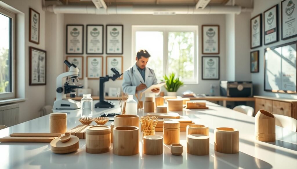 A professional quality testing lab setting, focused on bamboo product certifications. In the foreground, various bamboo items, such as utensils and containers, are arranged neatly on a polished lab table with a microscope and testing equipment. The middle ground features a scientist in a white lab coat, using a clipboard while examining bamboo samples. Natural light streams in from large windows, creating a warm, inviting atmosphere. The background showcases walls filled with framed certification documents and awards, highlighting innovation and quality in bamboo manufacturing. The scene captures a sense of professionalism and dedication to sustainability, set in a modern, clean workspace. Emphasize sharp focus using a 50mm lens for detailed textures, with a soft bokeh effect in the background.
