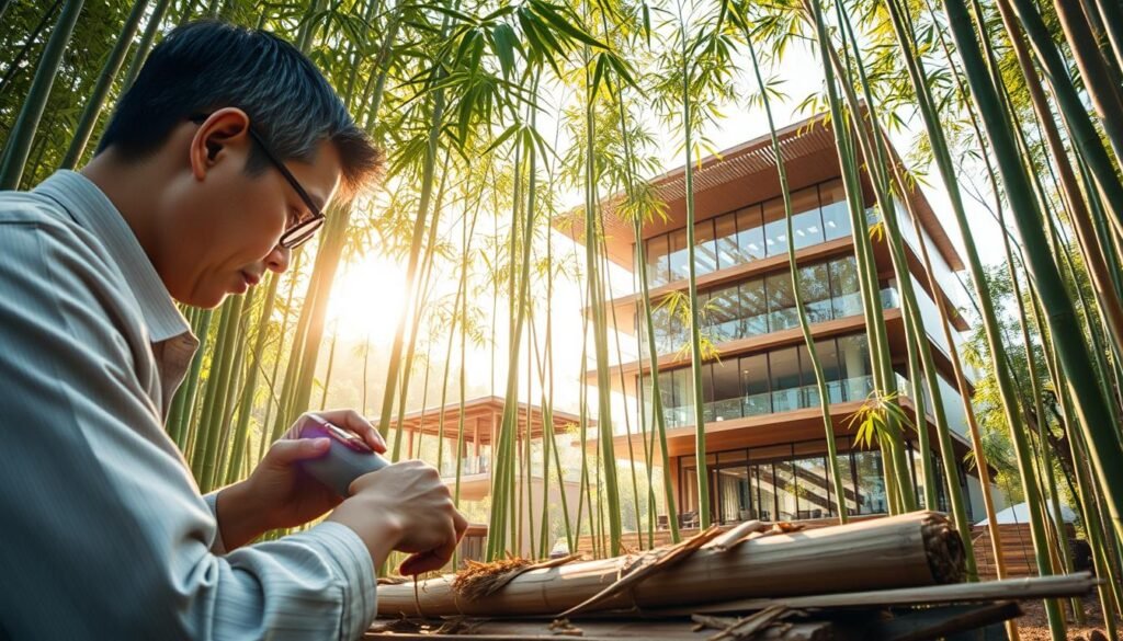 A serene and innovative scene showcasing "Phyllostachys edulis," where traditional bamboo craftsmanship meets modern construction. In the foreground, a craftsman in professional attire carefully shapes a piece of bamboo, highlighting intricate textures and details. The middle ground features a striking, contemporary bamboo structure—a sleek, multi-level building adorned with expansive glass windows, seamlessly integrated into a lush bamboo grove. In the background, soft, dappled sunlight filters through the tall bamboo stalks, creating an inviting and harmonious atmosphere. Capture the essence of sustainability and innovation, using warm, natural lighting to enhance the green hues of the bamboo and the clean lines of the construction. The perspective should be slightly angled upward, emphasizing the height of the bamboo and the ambition of modern architecture.