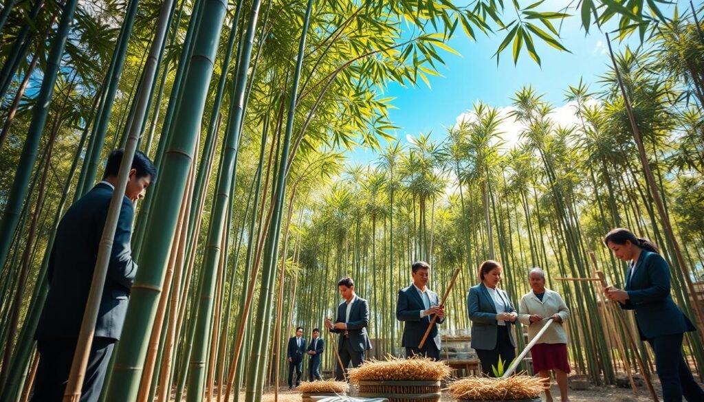 A serene bamboo forest with tall, flourishing bamboo stalks swaying gently in the breeze. In the foreground, a diverse group of ethical harvesters in professional business attire are selecting bamboo shoots carefully, showcasing sustainable practices. In the middle ground, traditional tools and techniques are visible, emphasizing craftsmanship and respect for nature. The background features a clear blue sky filtered through a canopy of bamboo leaves, creating dappled sunlight that casts a warm glow on the scene. Capture this moment with a soft focus lens to enhance the tranquil atmosphere, ensuring a vibrant and lively yet harmonious mood.