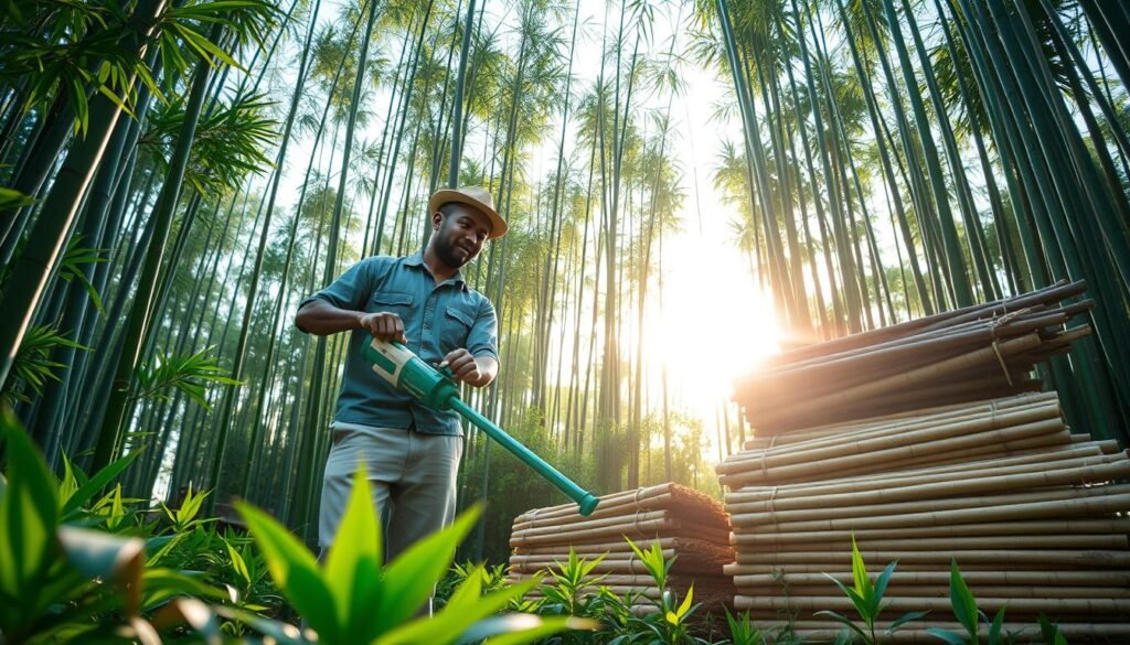 A serene bamboo grove at sunrise, showcasing innovative bamboo harvesting methods. In the foreground, a professional worker dressed in modest casual attire operates a modern, eco-friendly bamboo cutting tool, displaying precision and care. The middle ground features stacked bamboo stalks, freshly harvested and neatly arranged, emphasizing sustainable practices. Lush tropical plants surround the scene, adding vibrant greens to the composition. In the background, gentle sunlight filters through the dense bamboo canopy, creating a soft, warm glow that enhances the tranquil atmosphere. Capture this scene from a low angle to emphasize the towering bamboo and evoke a sense of height and natural beauty. Maintain a bright and uplifting mood, reflecting innovation in sustainable agriculture.