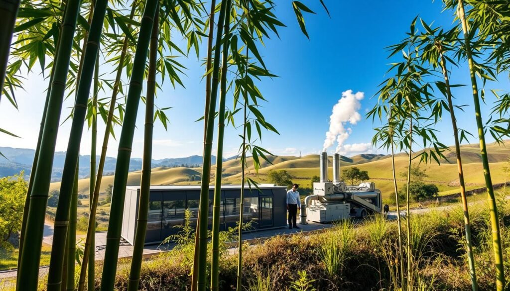 A serene bamboo grove in the foreground, showcasing tall, lush bamboo stalks swaying gently in a light breeze. In the middle ground, a modern biochar production facility is visible, featuring sleek machinery with visible puffs of smoke rising, indicating a new eco-friendly energy source. Workers in professional attire can be seen operating the machines with focus and precision, emphasizing innovative techniques in bamboo farming and biochar production. The background reveals rolling hills under a clear blue sky, dappled with soft sunlight and hints of greenery, enhancing the feeling of sustainability. The scene is vibrant and hopeful, reflecting a harmonious blend of nature and technology, captured in high resolution with a wide-angle lens to emphasize depth and detail. A serene bamboo grove in the foreground, showcasing tall, lush bamboo stalks swaying gently in a light breeze. In the middle ground, a modern biochar production facility is visible, featuring sleek machinery with visible puffs of smoke rising, indicating a new eco-friendly energy source. Workers in professional attire can be seen operating the machines with focus and precision, emphasizing innovative techniques in bamboo farming and biochar production. The background reveals rolling hills under a clear blue sky, dappled with soft sunlight and hints of greenery, enhancing the feeling of sustainability. The scene is vibrant and hopeful, reflecting a harmonious blend of nature and technology, captured in high resolution with a wide-angle lens to emphasize depth and detail.