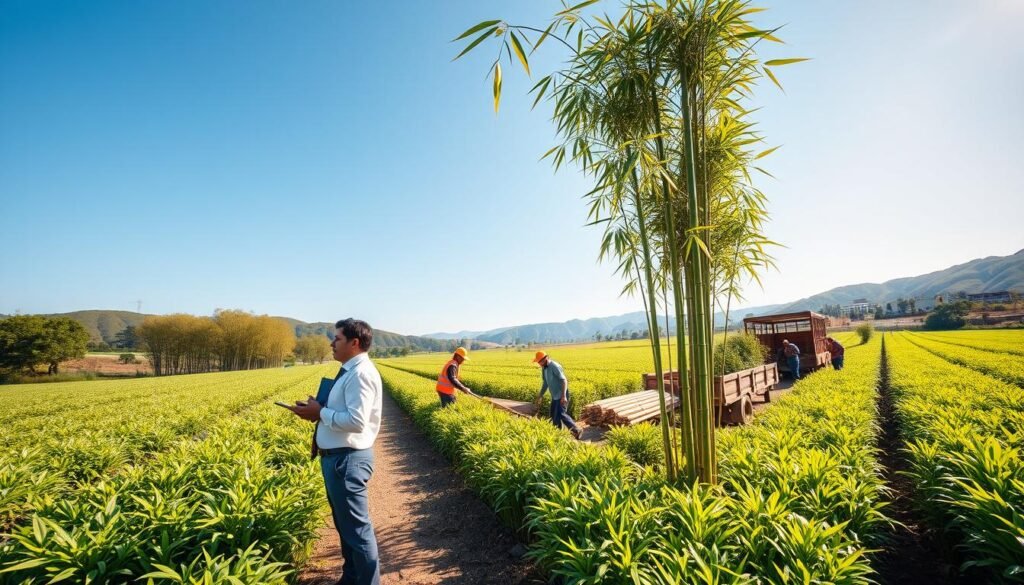 A serene commercial bamboo farm showcasing rows of lush, green bamboo stalks under a clear blue sky. In the foreground, a professional agronomist in smart casual attire, examining the bamboo with a digital tablet, embodying expertise in bamboo farming techniques. In the middle ground, a team of workers in safety gear meticulously harvesting bamboo shoots, while other workers transport freshly cut bamboo into a weathered wooden truck. The background features gently rolling hills dotted with more bamboo groves and a distant view of a modern processing facility. Soft, warm afternoon sunlight filters through the bamboo leaves, creating dappled shadows on the ground, conveying a mood of productivity and sustainable growth in commercial agriculture.