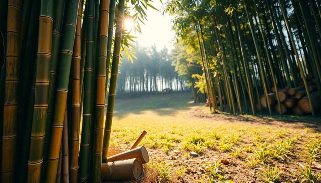 A serene landscape showcasing a transition from traditional timber to sustainable bamboo. In the foreground, a cluster of tall, slender bamboo poles stands proudly, showcasing their textured green and yellow hues. Nestled among them are freshly processed bamboo products, highlighting their utility as a timber alternative. In the middle ground, a gentle slope leads to a lush bamboo forest, with sunlight filtering through the leaves, casting dappled light on the ground. The background features faint silhouettes of timber logs, indicating the past use of conventional timber resources. Golden hour lighting enhances the warmth of the scene, evoking an atmosphere of hope and sustainability. The angle slightly from below emphasizes the height and strength of the bamboo, creating a compelling visual narrative of nature's resilience and innovation.