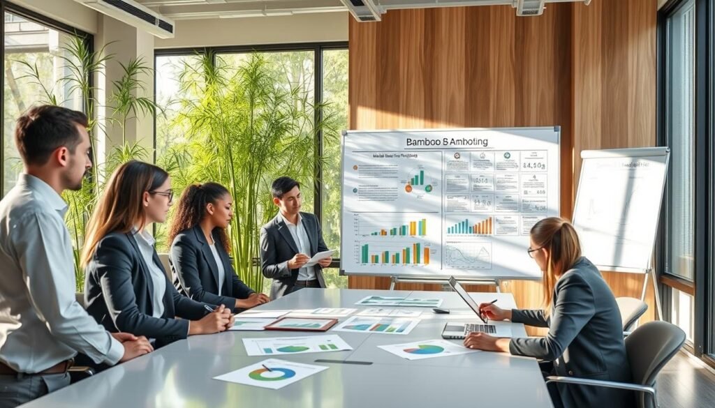 A serene office environment showcasing a professional business meeting focusing on bamboo business models. In the foreground, a diverse group of business professionals dressed in smart casual attire are gathered around a sleek conference table, analyzing colorful graphs and documents about wholesale bamboo pricing. The middle ground features a large whiteboard filled with diagrams and cost analysis charts detailing the bamboo supply chain. In the background, natural light streams through large windows, illuminating green bamboo plants, emphasizing sustainability. The mood is collaborative and innovative, reflecting a proactive approach to designing a cost-effective bamboo business model. Use soft, warm lighting to create an inviting atmosphere, and a slightly wide-angle lens to capture the entire scene harmoniously. A serene office environment showcasing a professional business meeting focusing on bamboo business models. In the foreground, a diverse group of business professionals dressed in smart casual attire are gathered around a sleek conference table, analyzing colorful graphs and documents about wholesale bamboo pricing. The middle ground features a large whiteboard filled with diagrams and cost analysis charts detailing the bamboo supply chain. In the background, natural light streams through large windows, illuminating green bamboo plants, emphasizing sustainability. The mood is collaborative and innovative, reflecting a proactive approach to designing a cost-effective bamboo business model. Use soft, warm lighting to create an inviting atmosphere, and a slightly wide-angle lens to capture the entire scene harmoniously.