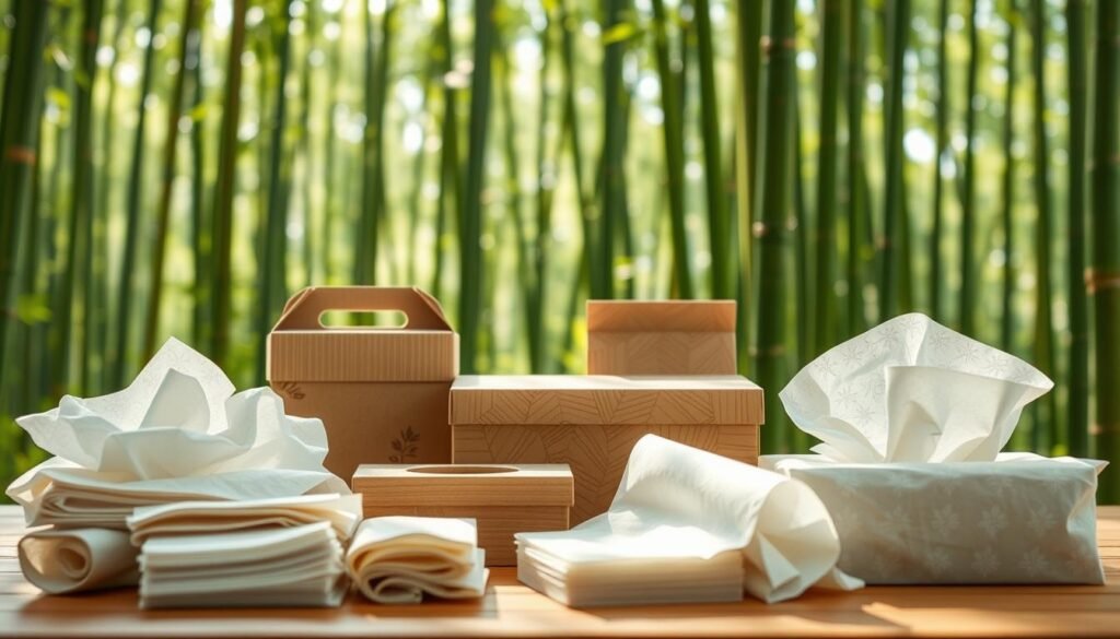 A vibrant and detailed image showcasing the applications of bamboo pulp in tissue and packaging. In the foreground, display a variety of tissue products made from bamboo, such as soft facial tissues and sturdy napkins, neatly arranged, highlighting their textures. In the middle ground, depict eco-friendly packaging materials like boxes and containers crafted from bamboo pulp, featuring earthy tones and natural patterns. The background should include a bamboo forest setting, with tall green bamboo stalks filtering soft sunlight, creating a serene atmosphere. Use bright, natural lighting with a soft focus effect to enhance the organic feel, capturing the essence of sustainable products made from bamboo. The image should evoke a sense of innovation in sustainable practices while maintaining a clean and professional aesthetic. A vibrant and detailed image showcasing the applications of bamboo pulp in tissue and packaging. In the foreground, display a variety of tissue products made from bamboo, such as soft facial tissues and sturdy napkins, neatly arranged, highlighting their textures. In the middle ground, depict eco-friendly packaging materials like boxes and containers crafted from bamboo pulp, featuring earthy tones and natural patterns. The background should include a bamboo forest setting, with tall green bamboo stalks filtering soft sunlight, creating a serene atmosphere. Use bright, natural lighting with a soft focus effect to enhance the organic feel, capturing the essence of sustainable products made from bamboo. The image should evoke a sense of innovation in sustainable practices while maintaining a clean and professional aesthetic.