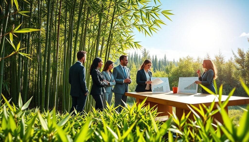 A vibrant and harmonious landscape featuring a thriving bamboo forest in the foreground, symbolizing sustainable growth. In the middle ground, a diverse group of professionals in smart business attire are discussing bamboo-based solutions at a modern conference table made from bamboo. They appear engaged, evaluating charts and graphs showcasing economic benefits and environmental impacts. In the background, a clear blue sky with soft sunlight filtering through the bamboo leaves creates a warm, optimistic atmosphere. The scene conveys a sense of collaboration and innovation, highlighting both the ecological significance and economic potential of bamboo in addressing environmental challenges. Use a wide-angle lens perspective to capture the beauty and scale of the bamboo forest while keeping the focus on the discussion happening in the middle ground. A vibrant and harmonious landscape featuring a thriving bamboo forest in the foreground, symbolizing sustainable growth. In the middle ground, a diverse group of professionals in smart business attire are discussing bamboo-based solutions at a modern conference table made from bamboo. They appear engaged, evaluating charts and graphs showcasing economic benefits and environmental impacts. In the background, a clear blue sky with soft sunlight filtering through the bamboo leaves creates a warm, optimistic atmosphere. The scene conveys a sense of collaboration and innovation, highlighting both the ecological significance and economic potential of bamboo in addressing environmental challenges. Use a wide-angle lens perspective to capture the beauty and scale of the bamboo forest while keeping the focus on the discussion happening in the middle ground.