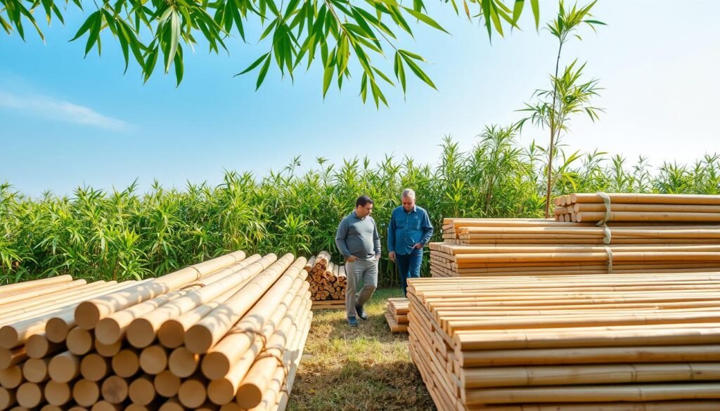 A vibrant bamboo farm scene showcasing a variety of bamboo products intended for construction. In the foreground, neatly arranged stacks of processed bamboo poles, showcasing their smooth surfaces and natural hues. In the middle ground, a small team of professionals dressed in modest casual clothing carefully inspecting these bamboo materials. Lush green bamboo plants surround them, illustrating the farming aspect. In the background, a clear blue sky casts soft, natural light, enhancing the vibrant greens and earthy browns of the bamboo. The atmosphere feels productive and optimistic, hinting at the sustainable potential of bamboo in construction manufacturing. The scene is captured from a slightly elevated angle, providing a comprehensive view of both the products and the lush cultivation environment, emphasizing the harmony between nature and industry.