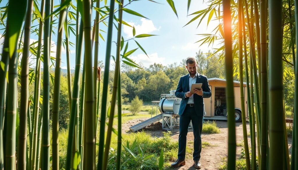 A vibrant bamboo forest in the foreground, featuring healthy, tall bamboo stalks bending in the breeze, symbolizing resilience. In the middle ground, two professionals in modest business attire collaborate by a small bamboo processing facility, examining equipment and data on a digital tablet, reflecting teamwork in overcoming production challenges. The background showcases a sunlit landscape with lush bamboo groves and clear blue skies, emphasizing growth and sustainability. Soft, natural lighting casts gentle shadows, creating an uplifting atmosphere of hope and innovation. The composition is framed with a slightly elevated angle, providing depth and focus on the bamboo and the engaged professionals, highlighting the theme of overcoming challenges in bamboo biomass production.