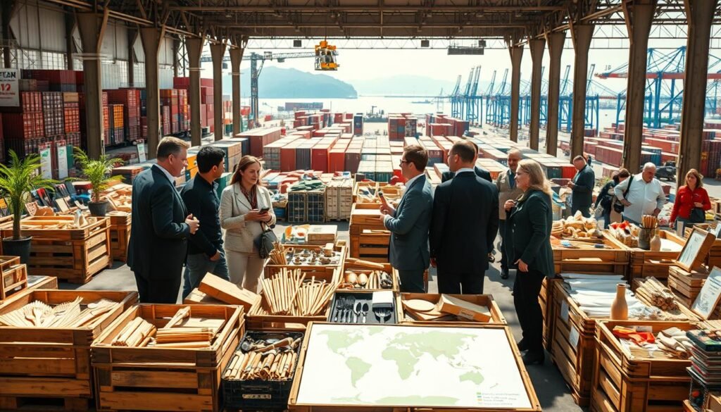 A vibrant, bustling marketplace showcasing the export of bamboo products. In the foreground, a diverse group of professionals in smart business attire discuss trade strategies over crates filled with various bamboo items, such as furniture, textiles, and utensils. In the middle ground, vendors display their bamboo products, with maps and graphs illustrating global export trends prominently in view. The background features a panoramic view of distant shipping containers and cranes, symbolizing international trade dynamics. The scene is bright and well-lit, with warm sunlight casting soft shadows, creating an optimistic and energetic atmosphere. The image is captured from a slightly elevated angle to provide a comprehensive view of the market activity, emphasizing collaboration and innovation in the bamboo export industry. A vibrant, bustling marketplace showcasing the export of bamboo products. In the foreground, a diverse group of professionals in smart business attire discuss trade strategies over crates filled with various bamboo items, such as furniture, textiles, and utensils. In the middle ground, vendors display their bamboo products, with maps and graphs illustrating global export trends prominently in view. The background features a panoramic view of distant shipping containers and cranes, symbolizing international trade dynamics. The scene is bright and well-lit, with warm sunlight casting soft shadows, creating an optimistic and energetic atmosphere. The image is captured from a slightly elevated angle to provide a comprehensive view of the market activity, emphasizing collaboration and innovation in the bamboo export industry.