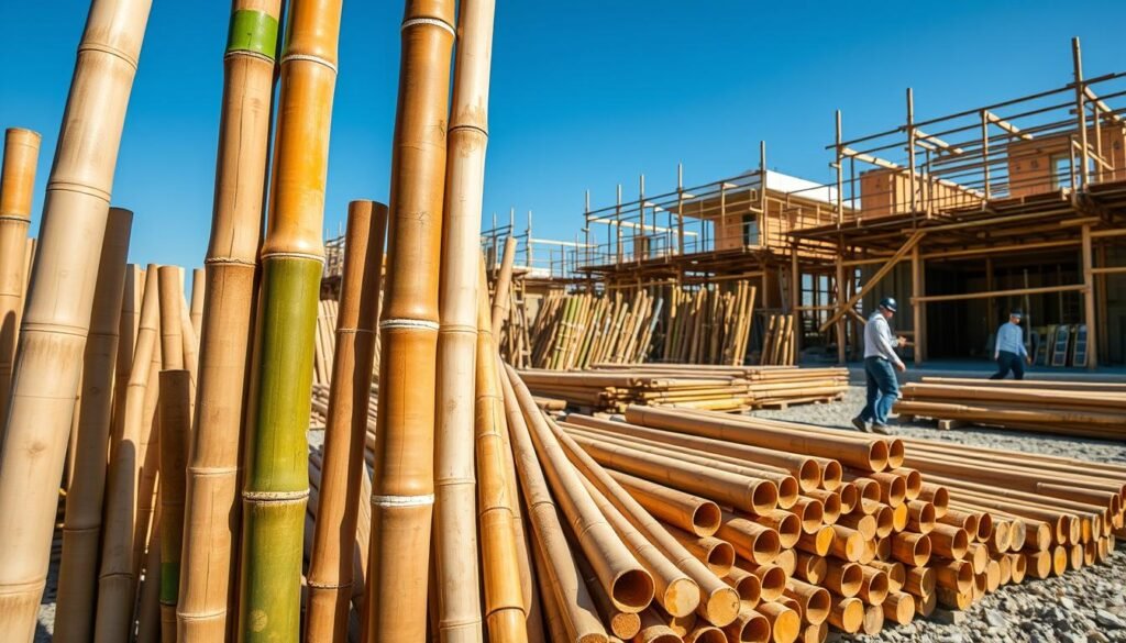 A vibrant construction site showcasing a variety of treated and processed bamboo poles arranged in an organized manner, emphasizing their diverse lengths and diameters. In the foreground, several bamboo poles prominently display their smooth, polished surfaces and natural texture, reflecting sunlight. The middle ground features workers in professional attire carefully arranging the poles, demonstrating their practical usage in construction. The background includes partially constructed buildings, with scaffolding made of bamboo, set against a clear blue sky, creating a bright and optimistic atmosphere. The scene is well-lit, with soft shadows enhancing the details of the bamboo and construction workers, captured from a slightly elevated angle to provide depth and context.