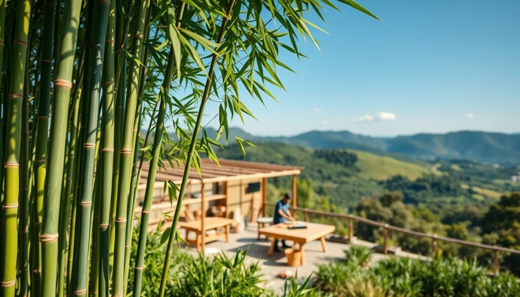 A vibrant, eco-friendly bamboo forest, lush and healthy, stands in the foreground, showcasing tall, slender bamboo shoots with vibrant green leaves. In the middle ground, visualize an artisanal workshop, where skilled craftsmen are working with bamboo, transforming it into elegant furniture items that mimic timber aesthetics. The background features a panoramic view of a sustainable landscape, dotted with beautiful green hills against a clear blue sky, symbolizing nature's harmony. The lighting is warm and inviting, creating a peaceful atmosphere. Capture this scene with a slight depth of field to emphasize the bamboo and craftsmanship, using a wide-angle lens to encompass the beauty of both nature and industry, highlighting the potential of bamboo as a sustainable timber alternative.