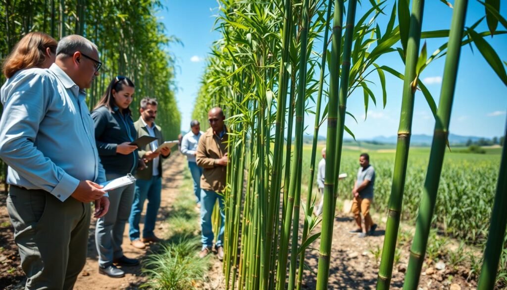 A vibrant, sunny day in a commercial bamboo farm showcasing high-quality bamboo plants. In the foreground, a row of tall, lush green bamboo stalks, healthy and straight. To the left, a group of diverse professionals in modest, professional attire examining the bamboo with clipboards, discussing farming practices and quality standards. In the middle ground, workers are seen carefully measuring bamboo growth and inspecting leaf health, illustrating a commitment to quality control. The background features a serene landscape with gently rolling hills and a clear blue sky, enhancing the natural beauty of the bamboo field. Soft, natural lighting casts gentle shadows, creating an inviting and focused atmosphere, highlighting the innovative practices of Smartcrop.