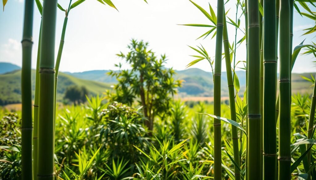A vibrant wholesale bamboo plantation with lush green stalks standing tall in the foreground, showcasing various species of bamboo used for fabric production. In the middle ground, a variety of tropical plants surround the bamboo, emphasizing the rich biodiversity essential for textile applications. The background features a soft-focus landscape of rolling hills under a clear blue sky, creating an inviting atmosphere. The scene is illuminated by warm, natural sunlight, highlighting the texture of the bamboo and foliage. A low-angle perspective captures the towering nature of the bamboo, instilling a sense of scale and abundance. The overall mood is serene and productive, reflecting a sustainable and eco-friendly textile supply chain. The image should contain no text, signage, or other distracting elements.