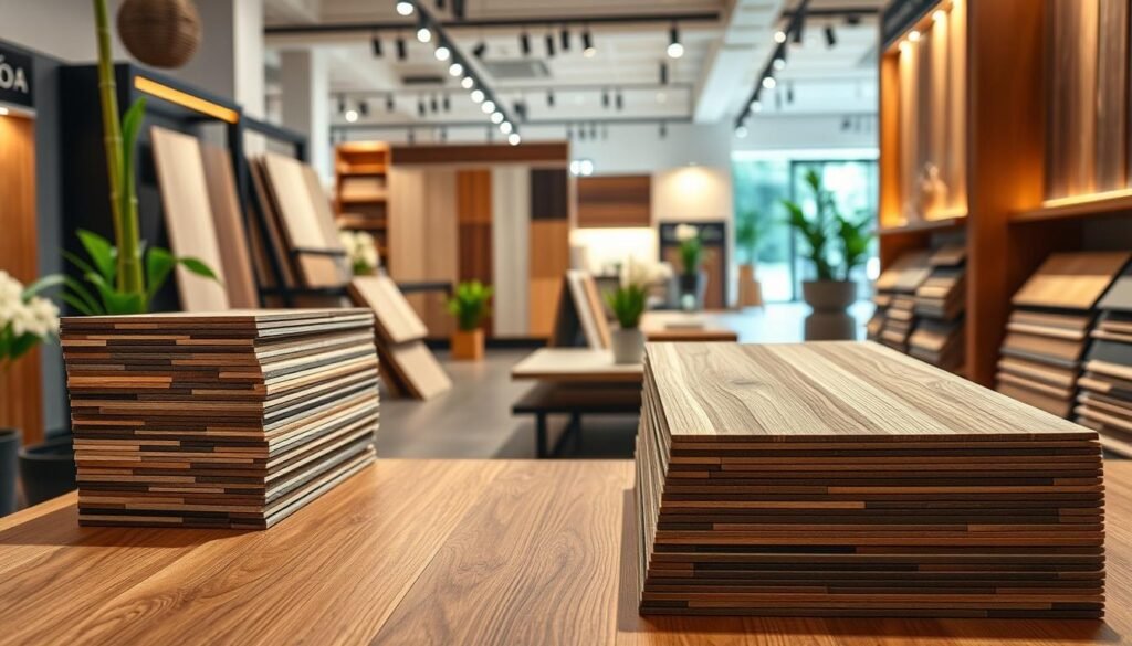 A vibrant wholesale selection of bamboo flooring displays, showcasing various shades and finishes of engineered bamboo planks in a well-lit showroom. In the foreground, stacks of high-quality bamboo flooring samples are arranged neatly on a polished wooden table, highlighting their natural textures and rich colors. The middle ground features elegant display racks with additional samples, illuminated by soft, warm lighting to enhance their appeal. In the background, a spacious, modern showroom is visible, with subtle plants and decorative elements adding a touch of greenery. The perspective is from a slightly elevated angle, giving depth to the scene, emphasizing the potential for commercial success with these eco-friendly materials. The atmosphere is professional and inviting, suggesting an ideal setting for business partnerships and client interactions. A vibrant wholesale selection of bamboo flooring displays, showcasing various shades and finishes of engineered bamboo planks in a well-lit showroom. In the foreground, stacks of high-quality bamboo flooring samples are arranged neatly on a polished wooden table, highlighting their natural textures and rich colors. The middle ground features elegant display racks with additional samples, illuminated by soft, warm lighting to enhance their appeal. In the background, a spacious, modern showroom is visible, with subtle plants and decorative elements adding a touch of greenery. The perspective is from a slightly elevated angle, giving depth to the scene, emphasizing the potential for commercial success with these eco-friendly materials. The atmosphere is professional and inviting, suggesting an ideal setting for business partnerships and client interactions.