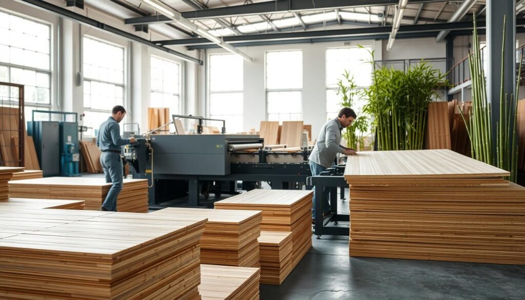 A well-lit manufacturing facility showcasing the laminated bamboo production process. In the foreground, stacks of polished bamboo strips lie ready for assembly, while a skilled worker in modest casual clothing operates a pressing machine, expertly aligning the bamboo layers. In the middle, a modern laminating machine processes the bamboo, with vibrant green bamboo visible alongside the machinery, emphasizing its sustainability. In the background, large windows allow natural light to flood the space, creating a bright and inviting atmosphere, with industrial elements subtly hinting at the advanced technology used. The overall mood conveys innovation and craftsmanship, highlighting the blend of traditional materials and modern techniques in bamboo construction.