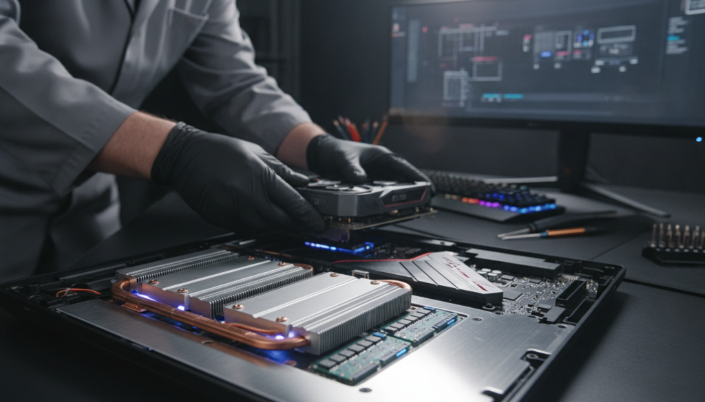 A close-up view of a high-end gaming laptop's interior, showcasing its upgrade components like RAM slots and graphics card. The foreground features sleek metallic parts and illuminated LED strips reflecting off a polished stainless steel chassis. In the middle ground, a technician in professional attire carefully replaces a graphics card, highlighting the upgradeability of the device. The background, softly blurred, depicts a modern workspace with gaming paraphernalia and tools. The lighting is bright yet focused to emphasize the laptop's intricate design, with a slight lens flare adding a dynamic touch. The atmosphere feels innovative and technical, representing the longevity and future-proof aspects of gaming laptops.