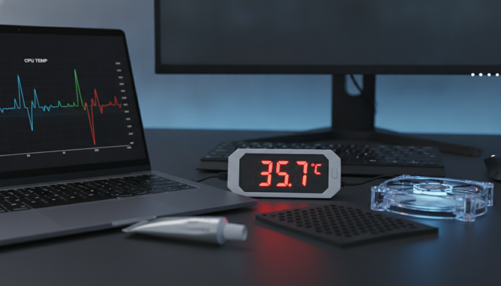 A close-up view of a high-tech laptop cooling solution, featuring a digital thermometer displaying the temperature in bright red numbers. In the foreground, a sleek laptop with a modern design is partially open, its screen showing a vibrant graph of temperature readings. The middle ground has various temperature monitoring tools like thermal paste, cooling pads, and a fan, artistically arranged to convey a sense of careful maintenance. In the background, a workspace setup with subtle blue lighting provides a calming atmosphere, hinting at a tech-savvy environment. The image captures a professional mood, emphasizing efficiency and careful monitoring of laptop performance without any distractions or text overlays.