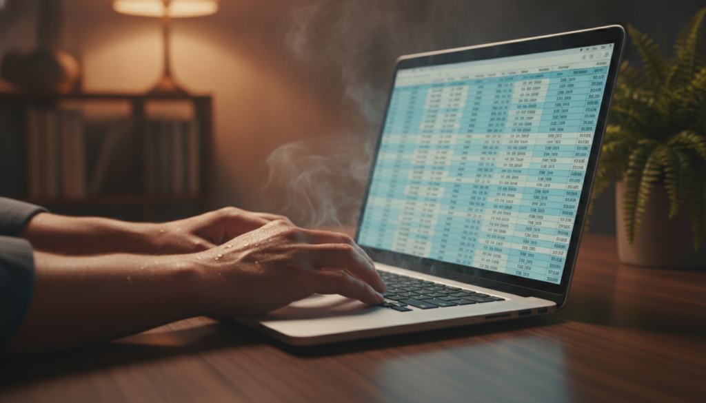 A close-up view of a laptop on a sleek wooden desk, showing heat waves emanating from the laptop's surface, suggesting overheating during extended use. The laptop's screen displays an extensive spreadsheet, hinting at long hours of work. In the foreground, a set of sweat-dampened hands resting on the keyboard indicate user frustration. The background features a dimly lit office environment, with warm ambient light illuminating the scene, casting soft shadows. A decorative plant in the corner adds a touch of calm, contrasting the tension of the overheating issue. The overall mood is intense yet relatable, emphasizing the struggle of working with a device that’s running too hot. Capture this scene from a slightly angled perspective to enhance depth while keeping the focus on the laptop and hands.