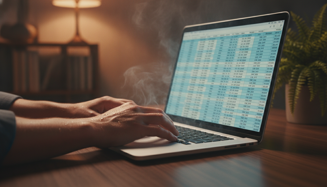 A close-up view of a laptop on a sleek wooden desk, showing heat waves emanating from the laptop's surface, suggesting overheating during extended use. The laptop's screen displays an extensive spreadsheet, hinting at long hours of work. In the foreground, a set of sweat-dampened hands resting on the keyboard indicate user frustration. The background features a dimly lit office environment, with warm ambient light illuminating the scene, casting soft shadows. A decorative plant in the corner adds a touch of calm, contrasting the tension of the overheating issue. The overall mood is intense yet relatable, emphasizing the struggle of working with a device that’s running too hot. Capture this scene from a slightly angled perspective to enhance depth while keeping the focus on the laptop and hands.