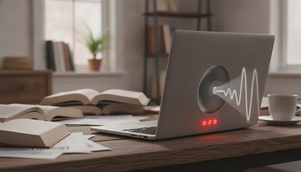 A close-up view of a laptop, positioned on an uneven, textured wooden surface, with the fan visibly spinning rapidly and emitting sound waves represented by subtle, wavy lines. In the foreground, the laptop’s glowing indicators show signs of overheating. The middle ground features a cluttered workstation with papers and a coffee mug, hinting at a busy environment. The background is softly blurred, depicting a home office atmosphere with soft, ambient lighting, creating a slight contrast between the laptop's harsh noise and the serene space around it. The overall mood conveys a sense of urgency and concern regarding technology maintenance, emphasizing the importance of airflow.