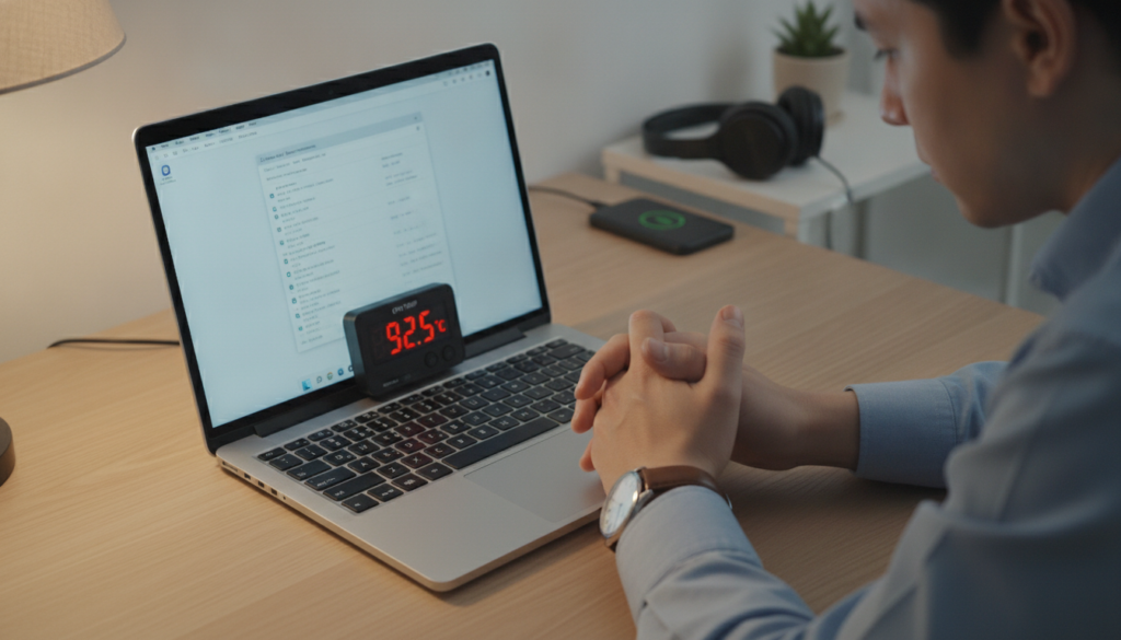 A close-up view of a modern laptop on a wooden desk, with an external digital thermometer showing the laptop's temperature on the screen. In the foreground, a pair of hands, wearing a simple wristwatch and casual yet professional attire, are observing the readings with a look of concentration. In the middle, the laptop emits a faint glow from the screen, contrasting with soft ambient light coming from a nearby lamp, creating a warm and focused atmosphere. The background features a neatly organized workspace with a few tech gadgets, emphasizing a clean and efficient environment. The overall mood is one of concern mixed with determination, highlighting the importance of monitoring laptop performance.