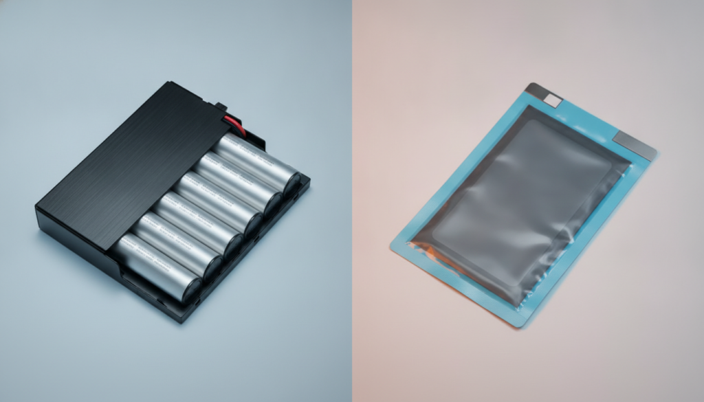 A detailed comparison of lithium-ion and lithium-polymer laptop batteries, presented as two distinct battery types placed side by side. In the foreground, the lithium-ion battery showcases a sleek cylindrical design with metal casing, while the lithium-polymer battery is depicted in a thinner, rectangular form, surrounded by a transparent protective layer. Both batteries are against a neutral gradient background that subtly emphasizes their colors—silver and black for lithium-ion, and vibrant colors for lithium-polymer. The lighting is bright, highlighting the textures and details on the batteries, creating a clean and technical look. The image portrays a professional and informative atmosphere, suitable for a technology article. No text or additional elements should be included.