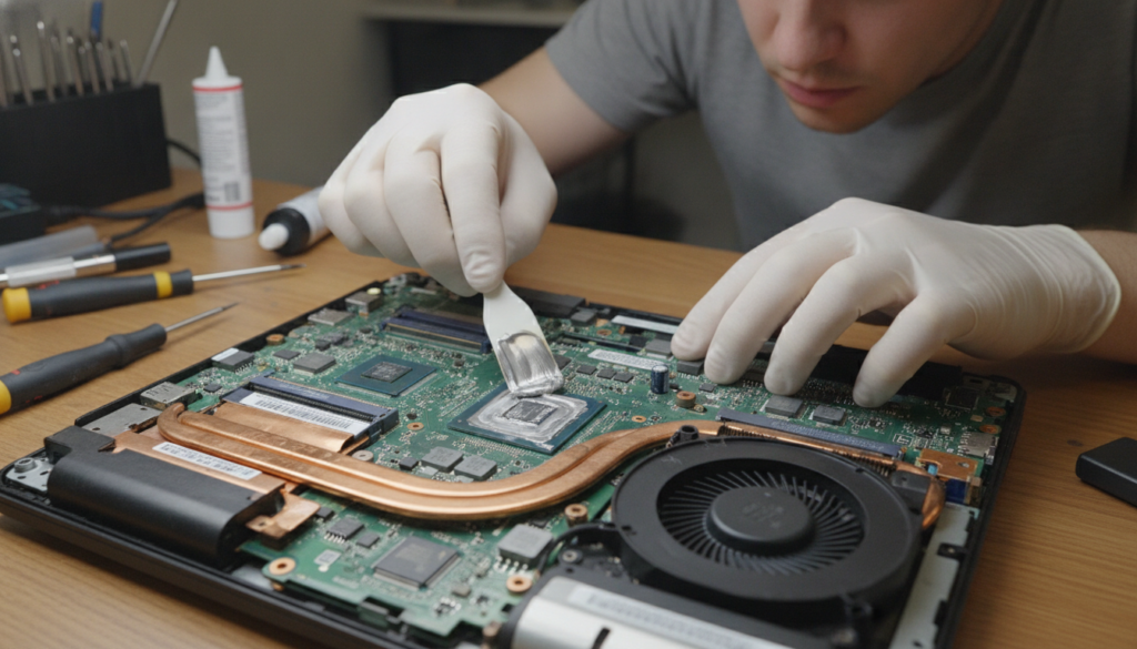 A highly detailed close-up of a technician’s hands meticulously applying thermal paste to a laptop CPU. The laptop, partially open, reveals its intricate internal components, such as the motherboard and cooling fan. Bright LED lights illuminate the scene, highlighting the shiny thermal paste being spread evenly across the CPU surface. In the background, subtle hints of a workbench filled with tools, like a screwdriver and thermal paste tubes, create a context of a professional repair environment. The camera angle should be slightly above the laptop, capturing the focused expression of the technician, dressed in modest casual attire, emphasizing a sense of diligence and expertise. The overall mood is technical and professional, conveying the importance of proper thermal paste application in preventing overheating issues.