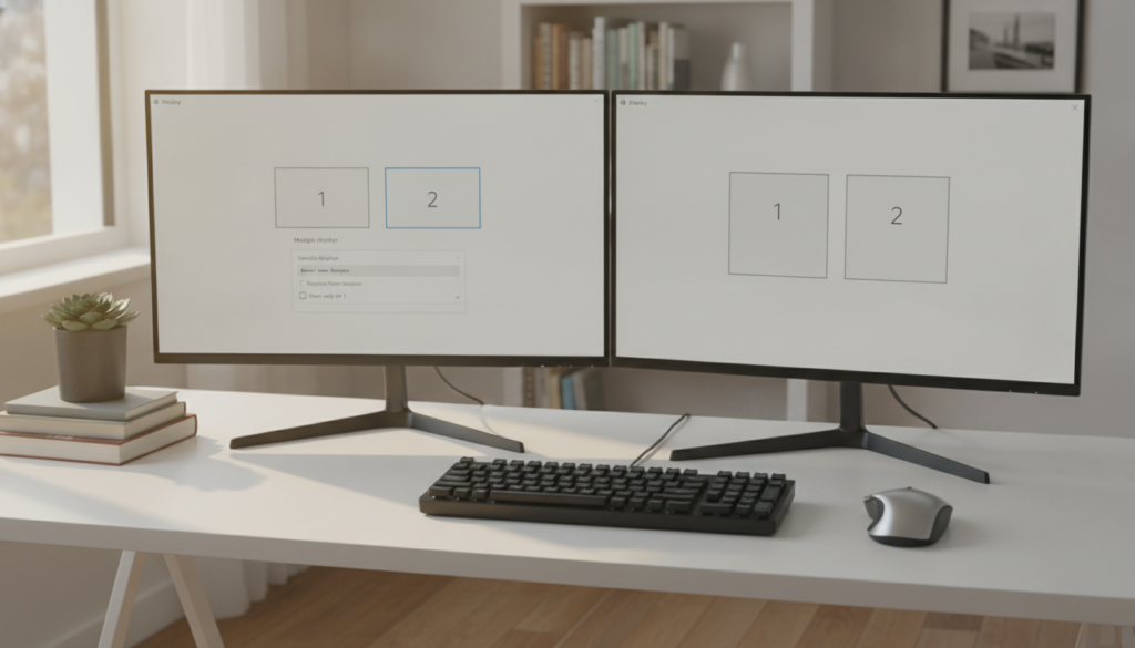 A modern computer setup featuring dual monitor display settings on a Windows operating system. In the foreground, two sleek, high-resolution monitors are side by side, displaying the Windows display settings interface with the "Multiple Displays" options visible. The middle ground showcases a stylish workspace with a minimalist desk, a mechanical keyboard, and a high-quality mouse. Soft, natural lighting filters in from a nearby window, creating a calm and focused atmosphere. The background includes subtle elements like a plant and books, suggesting a professional yet inviting environment. The angle of the image is a slight overhead view, showcasing the monitors’ screens clearly without any text overlays or distractions. The overall mood is organized and efficient, ideal for illustrating the theme of configuring dual monitors. A modern computer setup featuring dual monitor display settings on a Windows operating system. In the foreground, two sleek, high-resolution monitors are side by side, displaying the Windows display settings interface with the "Multiple Displays" options visible. The middle ground showcases a stylish workspace with a minimalist desk, a mechanical keyboard, and a high-quality mouse. Soft, natural lighting filters in from a nearby window, creating a calm and focused atmosphere. The background includes subtle elements like a plant and books, suggesting a professional yet inviting environment. The angle of the image is a slight overhead view, showcasing the monitors’ screens clearly without any text overlays or distractions. The overall mood is organized and efficient, ideal for illustrating the theme of configuring dual monitors.