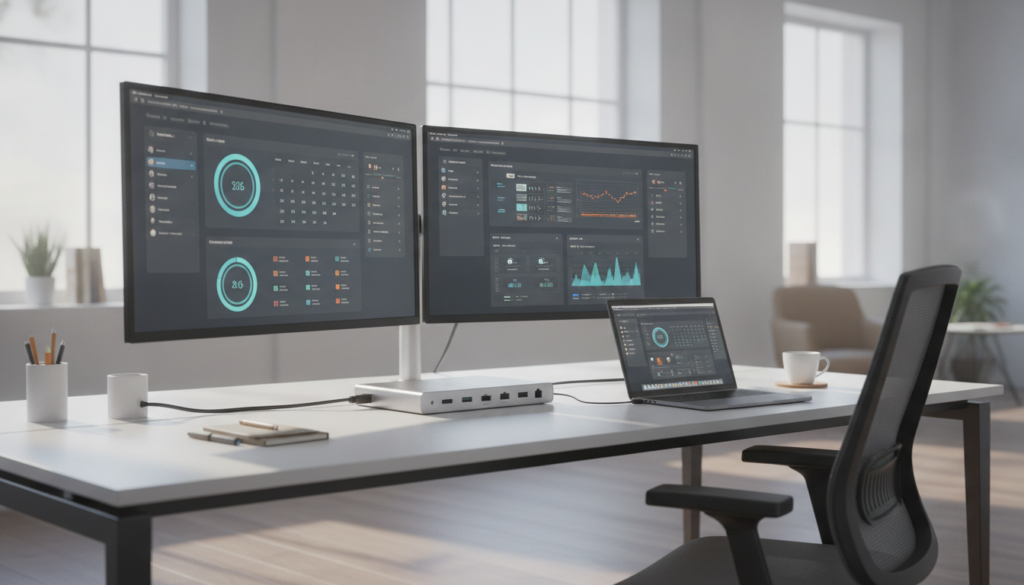 A modern dual monitor docking station setup on a sleek, minimalist desk in a bright, airy office environment. In the foreground, the two high-definition monitors display vibrant data visualizations and productivity apps, showcasing a seamless workspace. The docking station, elegantly designed with USB-C ports and multiple connections, is centrally positioned, with a laptop docked beside it. In the middle ground, a comfortable ergonomic chair and a few neatly arranged stationery items add a touch of organization. The background features large windows letting in natural light, highlighting the clean lines and contemporary decor of the office. The atmosphere exudes professionalism and productivity, with soft, diffused lighting creating a warm yet focused setting.