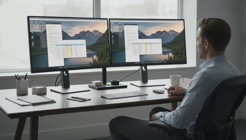 A modern office setting featuring two computer monitors arranged on a sleek desk. The left monitor displays the desktop in "extended display mode," showing a vibrant landscape wallpaper with multiple open windows for productivity, while the right monitor reflects "duplicate mode," mirroring the left display with the same vibrant wallpaper and content. The foreground shows a professional individual wearing smart casual attire, focused on the monitors, with a look of concentration. The middle ground includes office supplies scattered on the desk. In the background, a large window lets in natural light, casting soft shadows across the room, creating a calm and productive atmosphere. The scene is captured from a slightly elevated angle, providing a comprehensive view of the dual monitor setup. A modern office setting featuring two computer monitors arranged on a sleek desk. The left monitor displays the desktop in "extended display mode," showing a vibrant landscape wallpaper with multiple open windows for productivity, while the right monitor reflects "duplicate mode," mirroring the left display with the same vibrant wallpaper and content. The foreground shows a professional individual wearing smart casual attire, focused on the monitors, with a look of concentration. The middle ground includes office supplies scattered on the desk. In the background, a large window lets in natural light, casting soft shadows across the room, creating a calm and productive atmosphere. The scene is captured from a slightly elevated angle, providing a comprehensive view of the dual monitor setup.