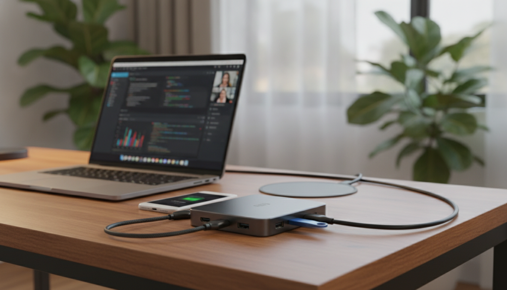 A sleek USB-C hub with power delivery is prominently displayed on a modern wooden desk. The foreground features the hub connected to a laptop, showcasing multiple ports like HDMI, USB-A, and Ethernet. Next to the hub, a smartphone is charging wirelessly. In the middle, the laptop screen displays a vibrant multi-monitor setup, emphasizing productivity. In the background, a softly lit room with plants and a window filtering natural light enhances a serene atmosphere. A shallow depth of field focuses on the desk setup, while warm lighting creates an inviting feel. The angle captures the desk from a slight above view, emphasizing the organization and functionality of the workspace, ideal for a professional setting.