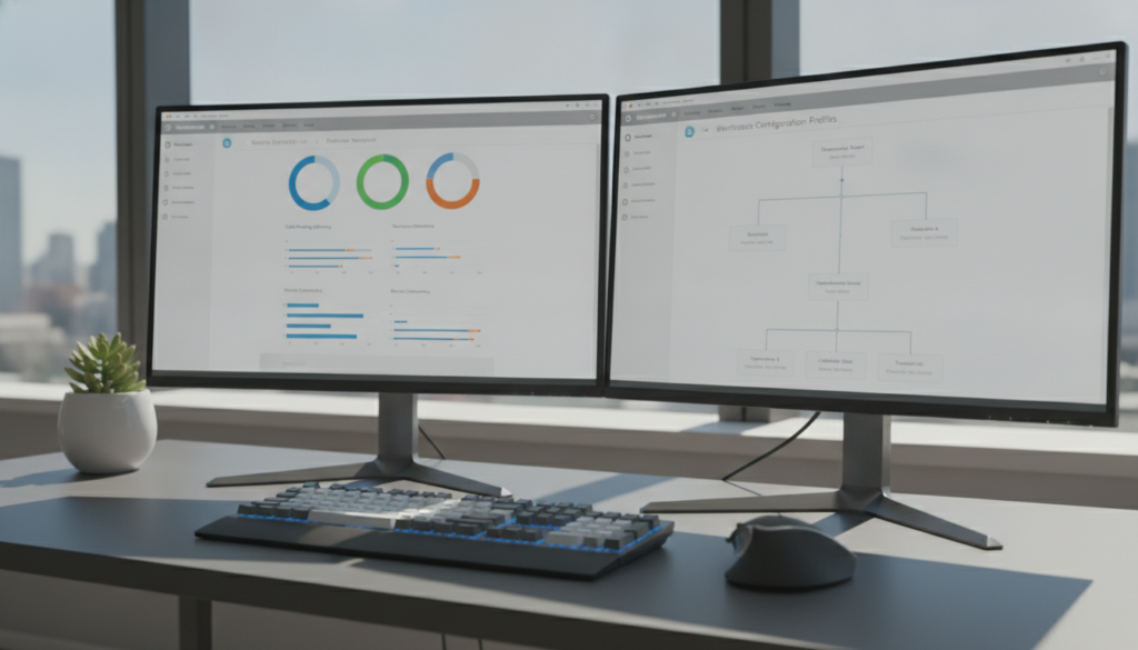 A sleek and modern dual monitor setup on a well-organized desk in a professional office environment. In the foreground, the monitors display intuitive software management tools: an uncluttered dashboard with colorful icons and graphs, showcasing cable management solutions and workspace configuration options. The middle layer features a stylish workspace with a mechanical keyboard and ergonomic mouse, accented by a subtle potted plant for a touch of nature. In the background, a large window lets in natural light, casting gentle shadows across the room, enhancing the focus on the monitors. The overall mood is productive and innovative, inviting viewers to explore the possibilities of dual monitor management. The image should be captured from an angled view to provide depth and dynamism without text or distractions. A sleek and modern dual monitor setup on a well-organized desk in a professional office environment. In the foreground, the monitors display intuitive software management tools: an uncluttered dashboard with colorful icons and graphs, showcasing cable management solutions and workspace configuration options. The middle layer features a stylish workspace with a mechanical keyboard and ergonomic mouse, accented by a subtle potted plant for a touch of nature. In the background, a large window lets in natural light, casting gentle shadows across the room, enhancing the focus on the monitors. The overall mood is productive and innovative, inviting viewers to explore the possibilities of dual monitor management. The image should be captured from an angled view to provide depth and dynamism without text or distractions.