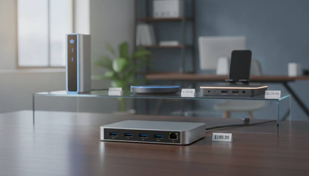 A sleek dual monitor docking station set up on a modern office desk, showcasing a comparison of various USB-C docking stations with price tags attached to each device. In the foreground, focus on the docking station itself, with clear visibility of USB ports, HDMI outputs, and a compact design. In the middle ground, arrange several other docking stations displayed with their prices next to them, some highlighted using soft backlighting for emphasis. The background features a softly blurred office environment, with natural light streaming through a window, creating a bright and professional atmosphere. The composition should evoke a sense of professionalism and technology, ideal for readers considering multiple monitor setups.