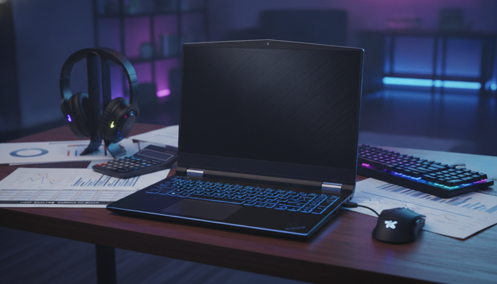 A sleek gaming laptop sits prominently in the foreground on a polished wooden desk, surrounded by a variety of gaming accessories such as a high-quality headset, a mechanical keyboard, and a gaming mouse. In the middle ground, a calculator, charts, and financial documents are neatly arranged, emphasizing cost considerations with focus on numbers and graphs. The background is softly blurred, showcasing a dimly lit room filled with ambient LED lighting, creating a modern and tech-savvy atmosphere. The lighting casts a subtle glow on the laptop, highlighting its design features. The overall mood is one of thoughtful evaluation, blending the excitement of gaming with practical financial analysis. The composition is captured with a shallow depth of field, giving the image a professional, polished look.