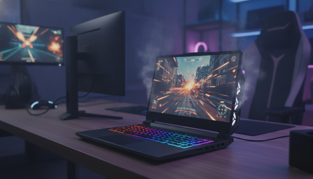 A sleek, high-performance gaming laptop sits prominently on a desk, radiating a sense of power under intense load. The laptop’s fan vents are visibly working, with subtle heat waves shimmering above it. In the foreground, the laptop's illuminated keyboard shines with vibrant RGB lighting. The middle ground features a high-resolution gaming display showing fast-paced action graphics, while the background is slightly blurred, depicting a modern gaming setup with soft ambient lighting. The atmosphere is focused and intense, conveying the rigorous demands placed on advanced technology. The angle is slightly tilted downwards from above, showcasing both the impressive design of the laptop and the animated screen. The overall mood reflects challenge and endurance, highlighting performance in the gaming realm.