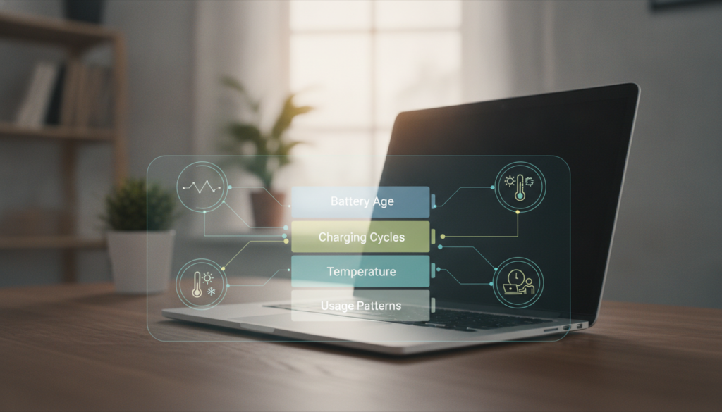 A visually informative illustration focused on the typical laptop battery lifespan and factors affecting its duration. In the foreground, a digital display showing a battery icon splitting into segments, each labeled with factors such as "Battery Age," "Charging Cycles," "Temperature," and "Usage Patterns." The middle layer features a laptop on a wooden desk, with an infographics-style overlay in soft, muted colors highlighting these lifespan factors. In the background, a blurred home office setting with warm, natural lighting, suggesting a productive atmosphere. The scene is captured from a slightly elevated angle, emphasizing clarity and organization, evoking a sense of reliability and professionalism in technology use.
