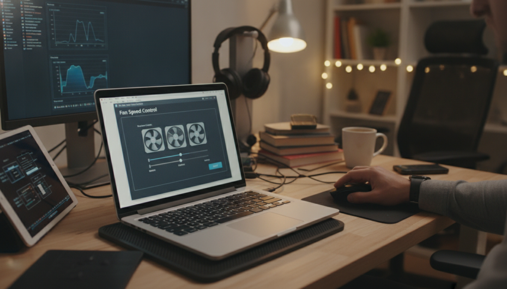 A visually informative scene depicting how to fix a loud laptop fan using software tools. In the foreground, a laptop is open, displaying a software interface with fan speed controls on the screen. A close-up view of a hand using a mouse to adjust settings, dressed in professional attire, adds a human element. The middle ground features a cluttered desk with additional tech gadgets like a cooling pad and a tablet, hinting at a tech-savvy environment. In the background, a calming home office setup with warm lighting creates a productive atmosphere, emphasizing focus and clarity. The composition is bright and inviting, with a slightly elevated angle to capture both the screen and the workspace effectively.